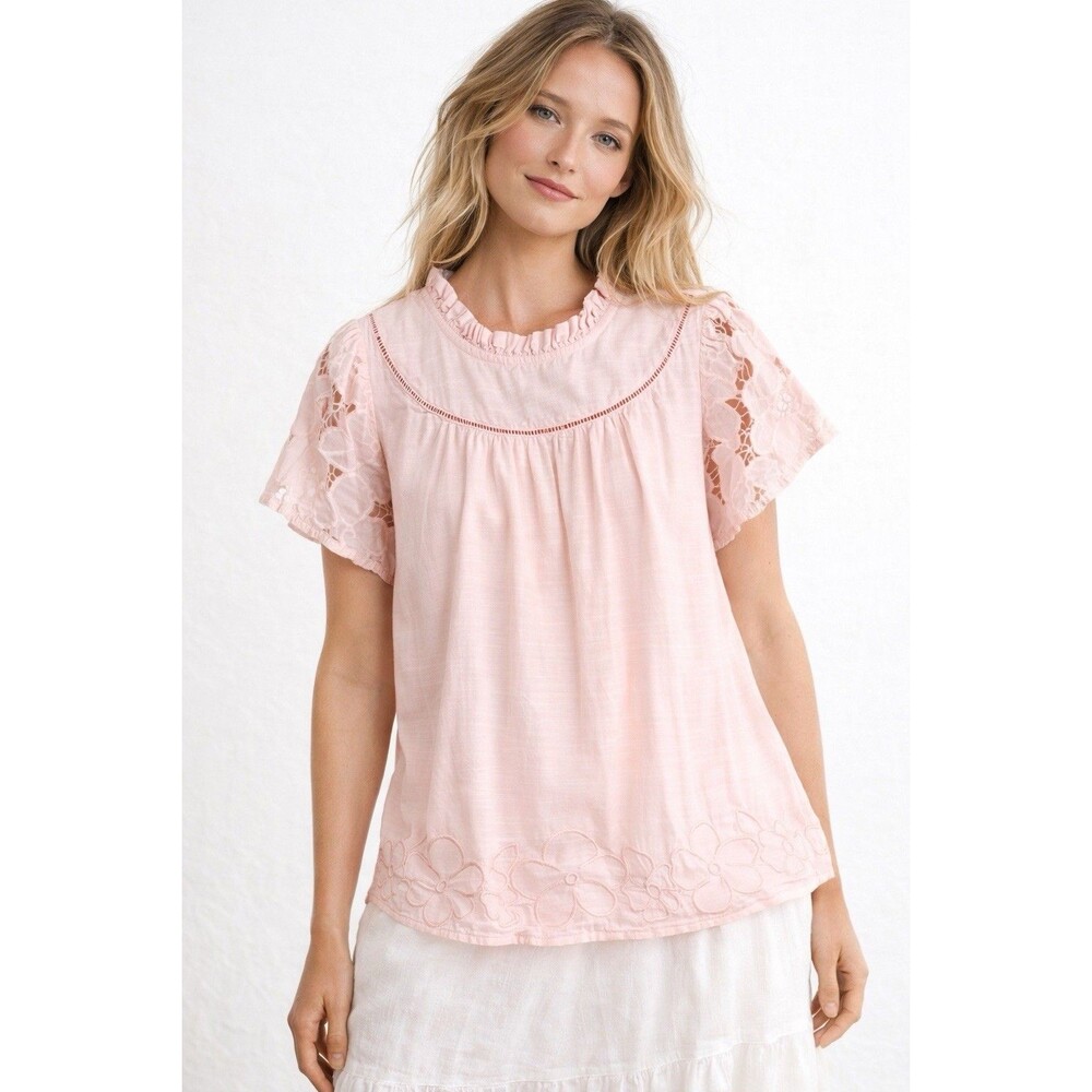 Pink Embroidered Blouse Women Lace Sleeve Cottagecore Floral Boho Top M